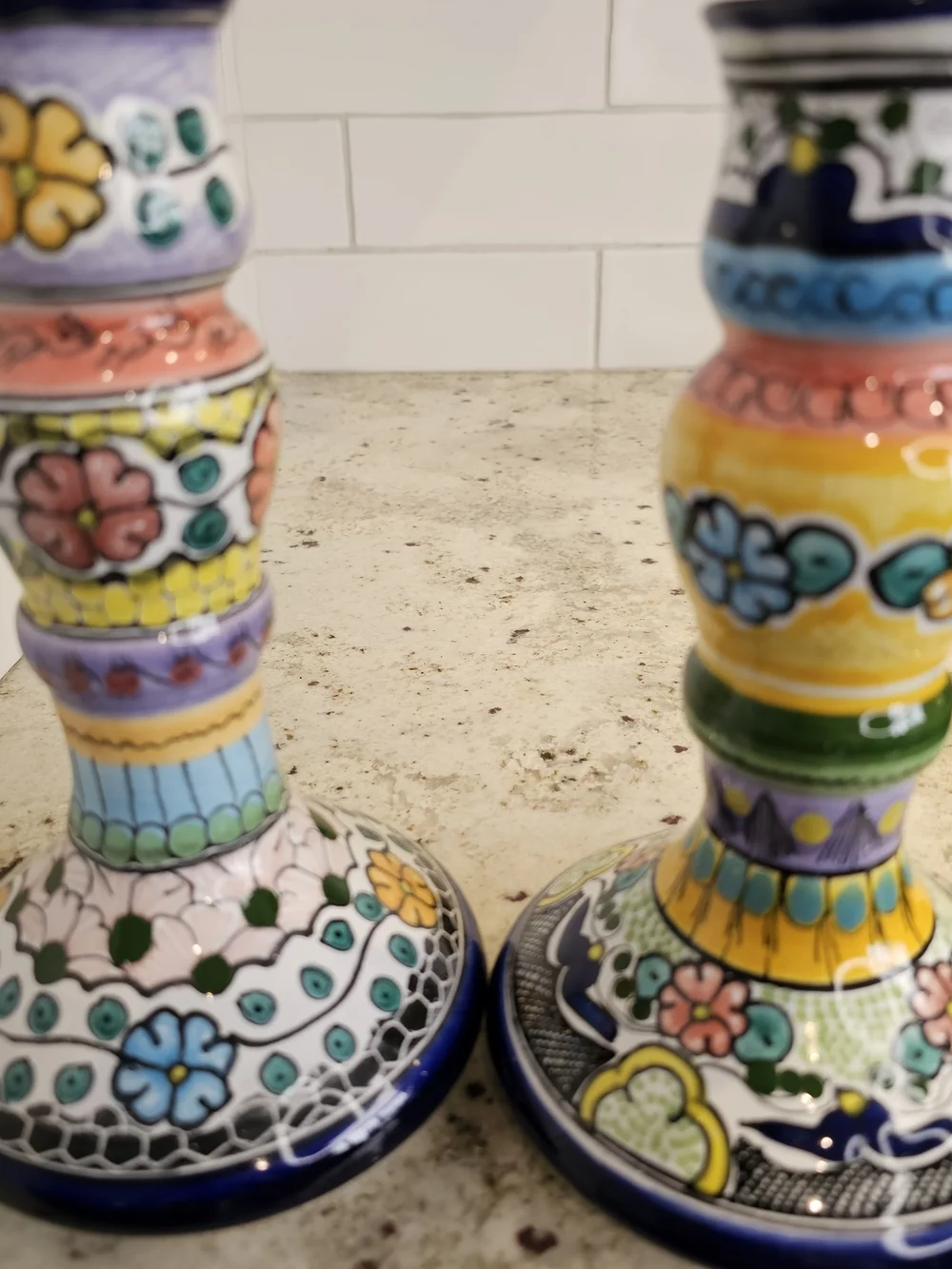 Hand-Painted Multicolor Earthenware Candle Holders Floral Talavera Pue Mex. Art